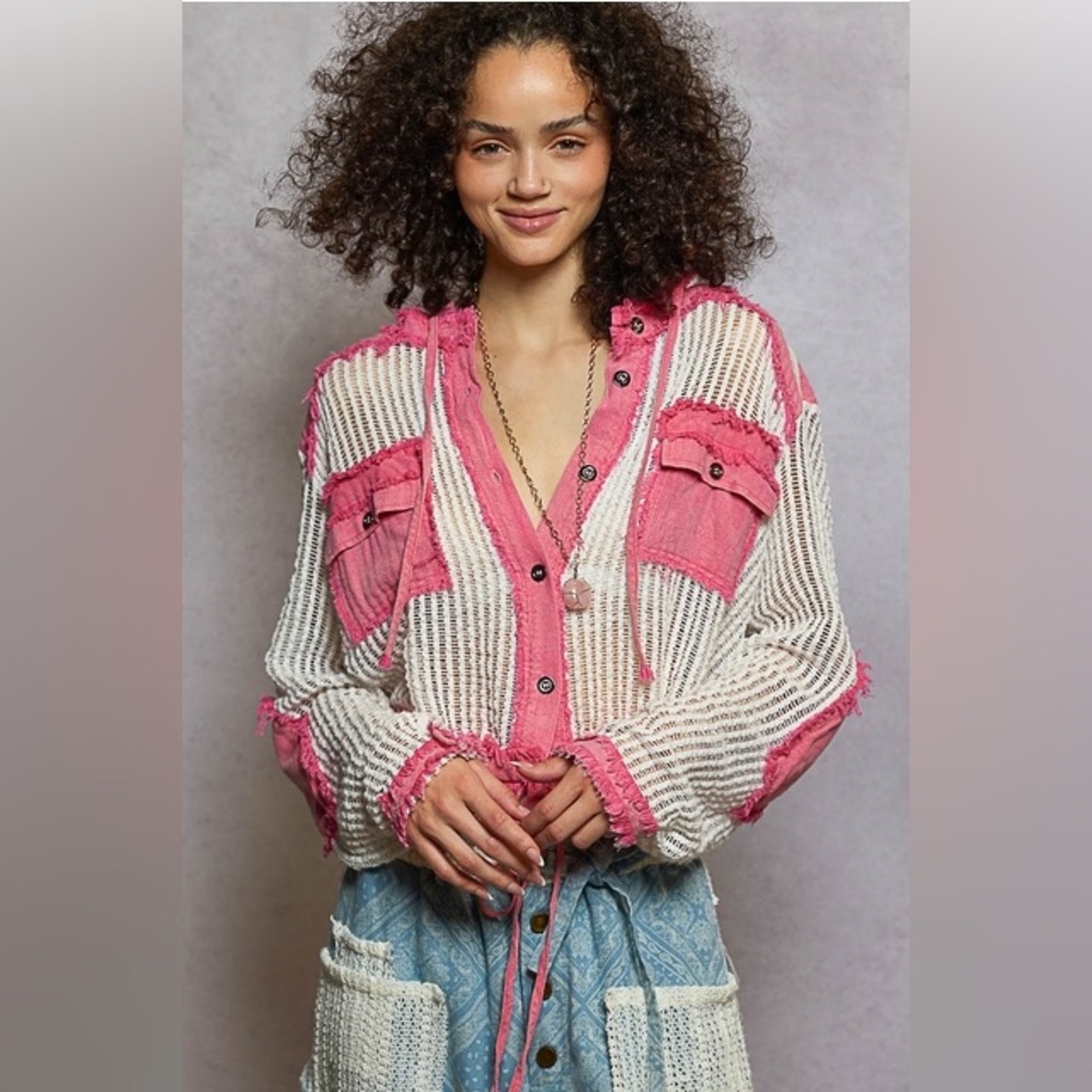 Open Knit Contrast Hooded Shacket with Frayed Edges - POL